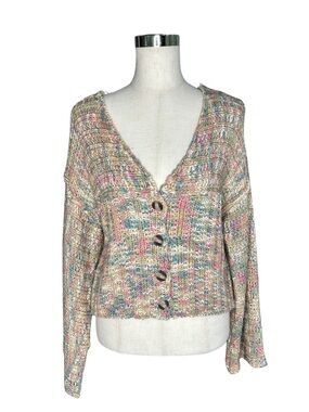 Lush Multicolor Open-Weave V-Neck Button Cardigan with Flared Sleeves